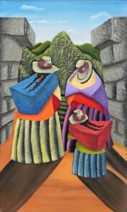Gossipy Women #2, part of the Cusco Legend series. Three Dimensional Acrylic Painting on Wood.